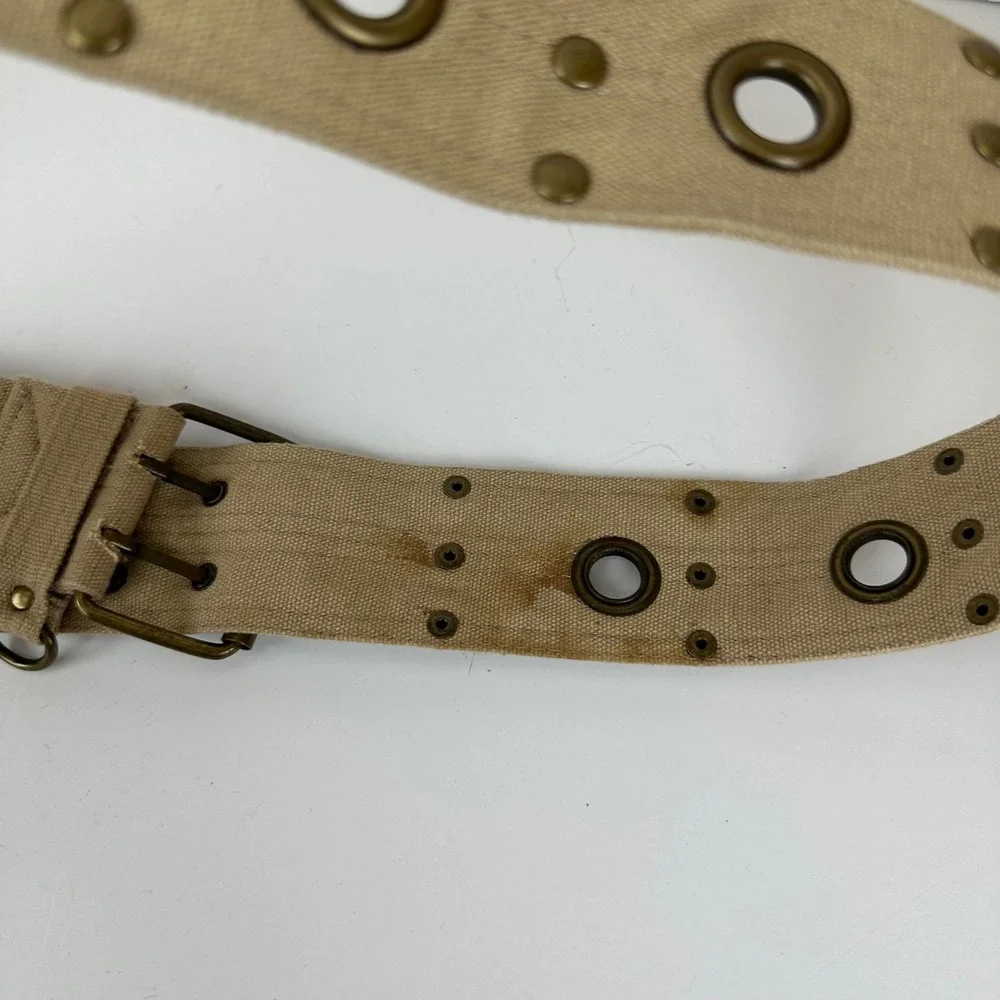 Vintage Military Style Tan Canvas Utility Belt with Pouch Grommet Studded Khaki